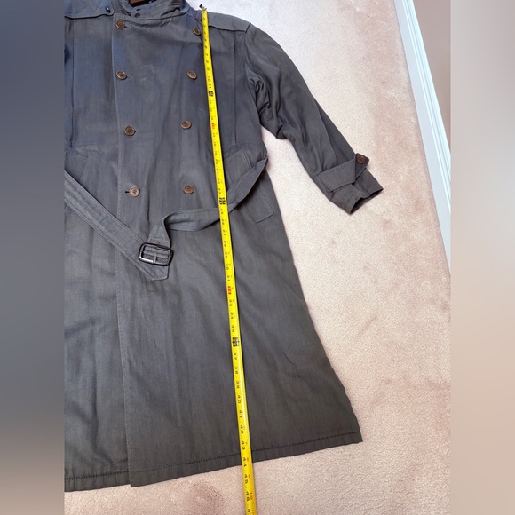 Vintage Italian Olive Green Cotton Herringbone Trench Coat Wool Lined - Picture 11 of 12